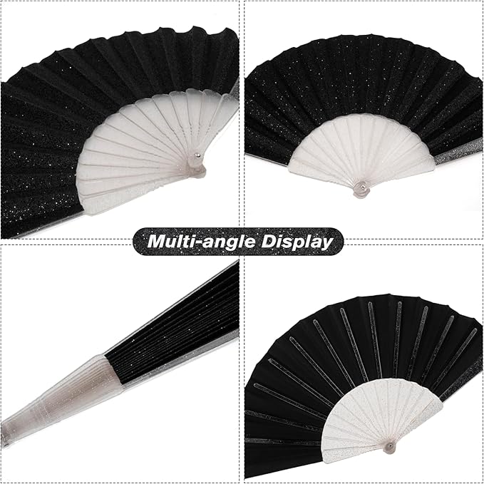 12 Pack Handheld Fan,Folding Hand Glitter fan with Shining Transparent Fan Rib – Ideal for Wedding, Church, Festival, Dance, Tea Party, Club, and EDM Accessories, Black