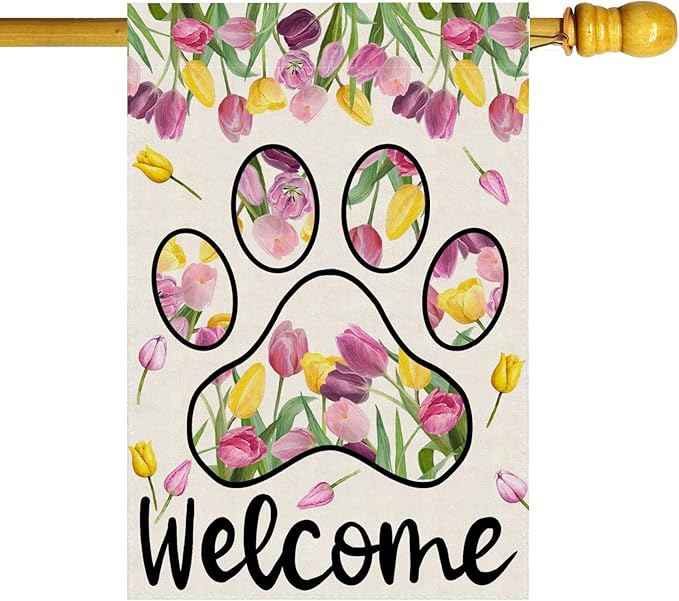 ZAEW Welcome Dog Paw Tulips Spring Large House Flag Burlap 28X40 Inch Vertical Double Sided Outside Yard Holiday Outdoor Farmhouse Decoration