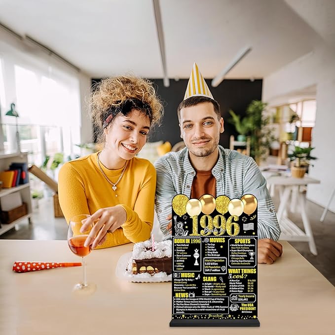 Black Gold 30th Birthday Decorations for Men Women, Two-Sided Vintage 30 Back in 1996 Theme Poster Wooden Table Sign with Stand, Thirty Years Old Bday Centerpieces Holder for Table Decor