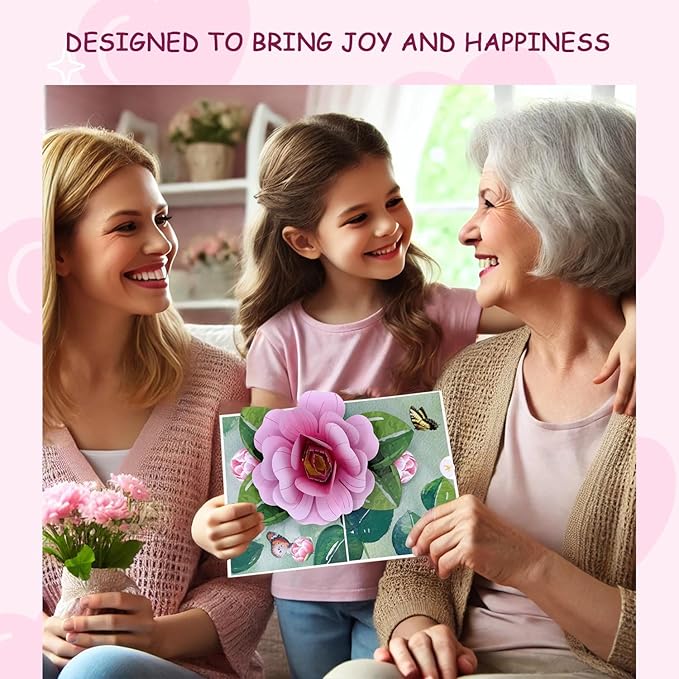 Pop Up Flower Cards for Women, Rose Pop Up Birthday Card, Elegant 3D Camellia Rose Flower Birthday, Mother's Day Pop Up Card for Women, Wife, Mom, Sister, Grandma, Personalized with Message Note