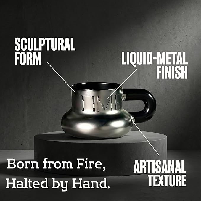 Volcanic Ash Titanium Finish Coffee Mug and Saucer Set (8 oz) | Modern Sculptural Ceramic Cup for Espresso & Latte | Unique Artisanal Home Decor & Desk Art