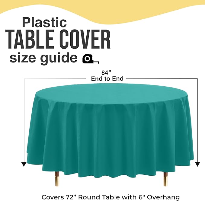 Exquisite 66% Thicker Premium Teal Round Tablecloth 0.5 Mil 24 Pack Plastic Table Cloth Disposable 84 Inch Round Plastic Tablecloth Won't Tear Easily Like Cheap Thin Brands