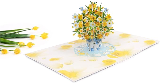 ETA 3D Pop Up Greeting Card – Yellow & White Daffodil Flower Bouquet in Vase, Handmade Paper Art, Birthday, Mother’s Day, Anniversary, Get Well & Thank You Card with Envelope, F27