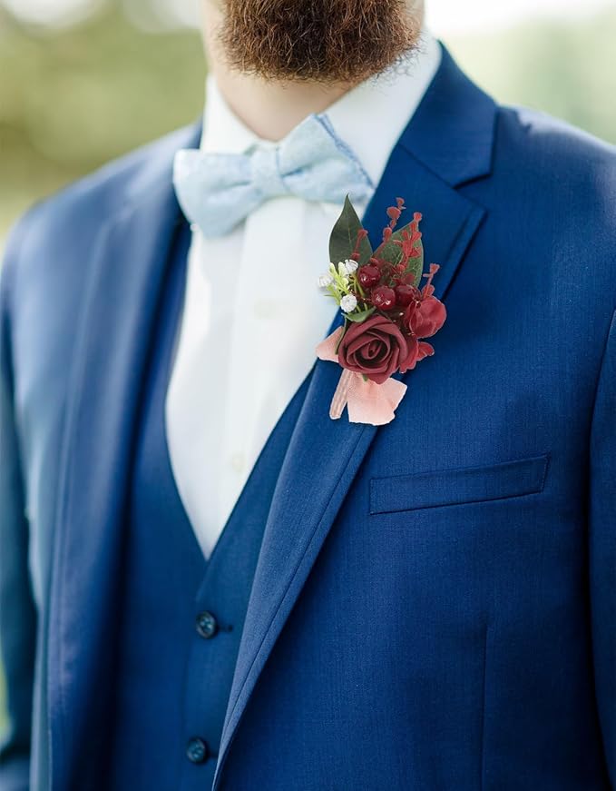 2Pcs Wedding Corsage and Boutonniere Set Burgundy Rose Corsage Wristlet and Boutonniere for Men Women Groom Bride Bridesmaid Groomsmen Wedding Party Accessory Prom Decoration (Burgundy)