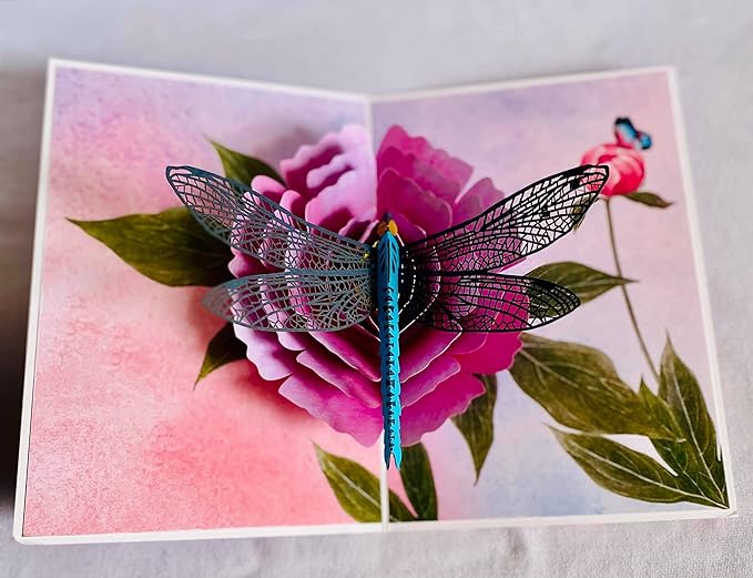 ETA 3D Flower Birthday Pop up Card, 3d Peony and Dragonfly Card for Girlfriend, Wife, Mum, Grandma, Teacher's Day, Mother Day, Anniversary, Thinking of You, Thank you, F08