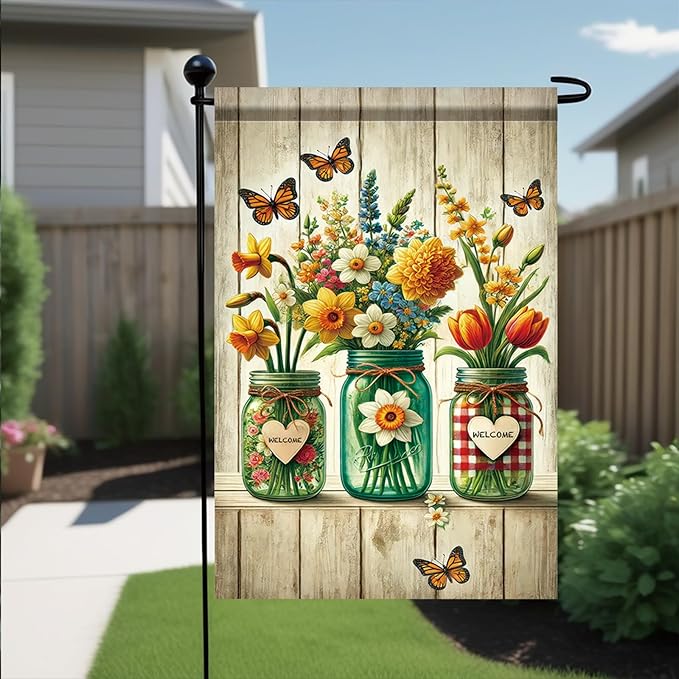 Starlit Patio Welcome Summer Spring Garden Flag 12x18 Double Sided Small Mason Jar Tulip Flower Yard Flag for Outside Farmhouse Holiday Outside Outdoor House Decor Decoration
