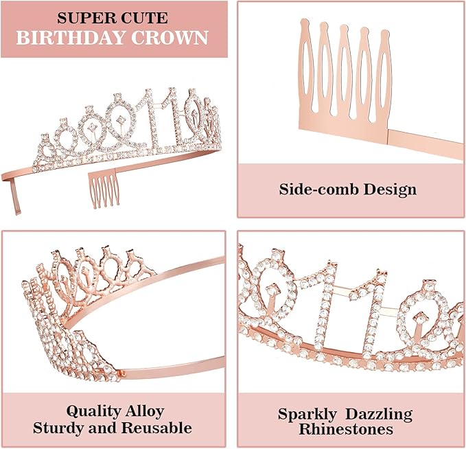 11th Birthday Decorations for Girl with Sash and Tiara, Numeral Candle and Cake Topper, 11 Year Old Birthday Decorations Gifts, Rose Gold Party Favor Supplies