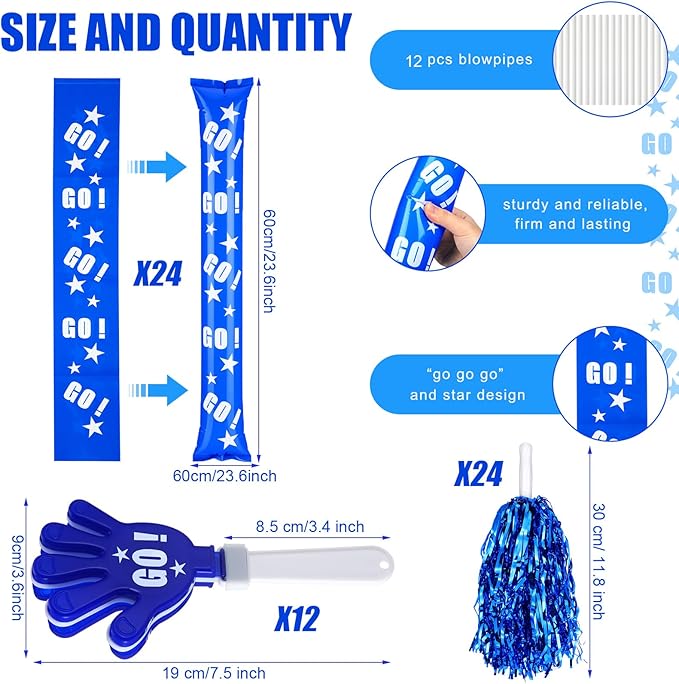 Hungdao 60 Pcs Noise Makers Homecoming Football Favors Include 24 Thunder Sticks Cheer Sticks 12 Hand Clapper 24 Cheerleading Pom Poms for Sporting Events Pep Rally Supplies(Blue)