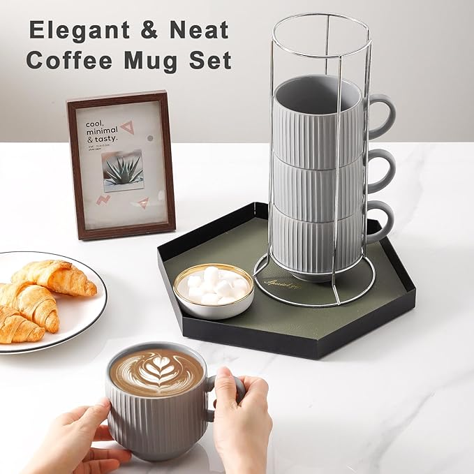 Hasense Coffee Mugs Set, Stacking Tea Cups Set of 4 with Holder - 15 oz Large Ceramic Ribbed Latte Cup Set for Cappuccino, Tea, Hot Cocoa, Drinks - Dishwasher & Microwave Safe, Grey
