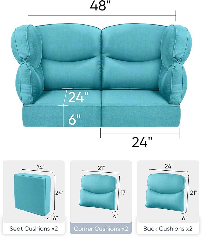 Luxury 24x24x6 Patio Cushions for Outdoor Furniture Set of 2 - Water-Repellent 6-Piece Cushion Set for Outside Rattan Couch Loveseat Chair Sectional Conversation Sets - Turquoise/Smile