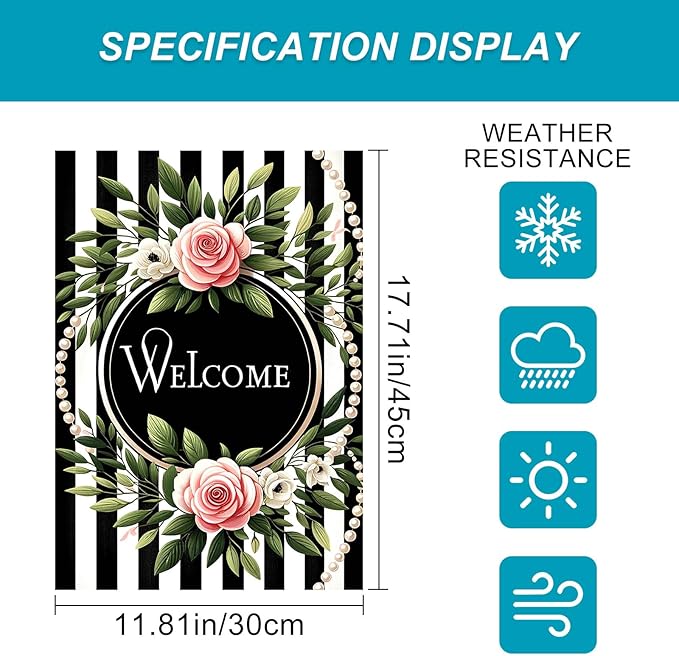 HOMETITUTE Welcome Garden Flag Spring Floral Yard Banner 12x18 Inch Double Sided Outdoor Decor with Pink Roses and Black and White Stripes for Farmhouse Patio Lawn Home Decoration
