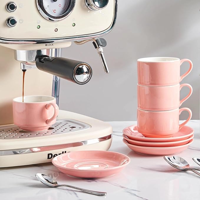 2.5oz Espresso Cups Set of 4, Porcelain Stackable Espresso Cups with Saucers and Metal Stand Set, Pink Expresso Shots Cup Set for Cappuccino, Coffee Drinks, Latte, Tea