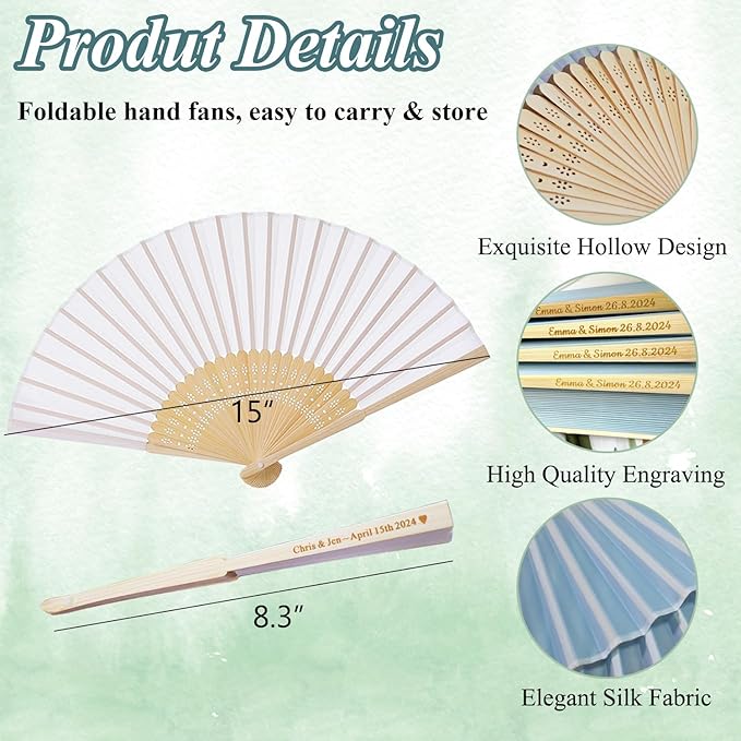Personalized Engraved Silk Fans Folding Hand Fans 40 Pcs, Light Blue Summer Wedding Fans, Custom Imitated Silk-Bamboo Fans for Guests Wedding Party Favor Bridal Shower Gifts Party Decoration