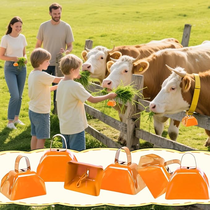 6PCS Metal Cow Bells Noisemakers, 3 Inch Loud Cow Bell Noise Makers for Sporting Events Party Favors with Handles, Great for Football Competitions, Sports Games, Celebration Parties (Orange)
