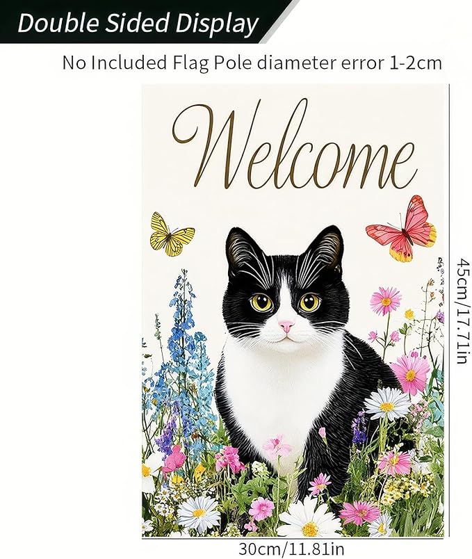 BlissYard Spring Welcome Black White Cat Garden Flag 12×18 Inch Double Sided Small Black Cat Flower Floral Garden Yard Flags for Spring Summer Outside Outdoor House Seasonal Decoration Flag
