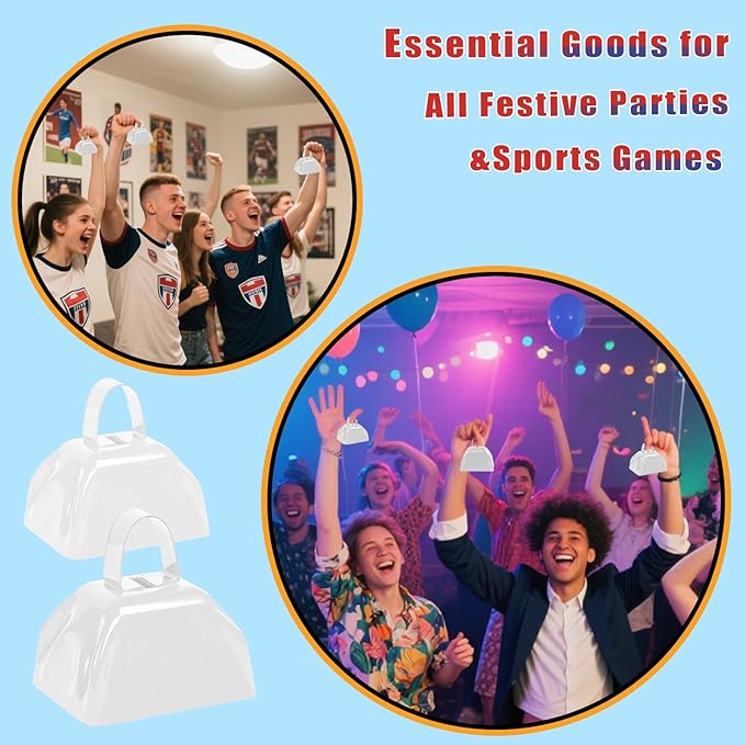 Cow Bells Noise Makers for Sporting Events, 4PCS Metal Cowbells with Handle - Small Loud Bell Bulk Hand Percussion Noisemakers for Football Games Graduation Sporting Events Weddings (White)