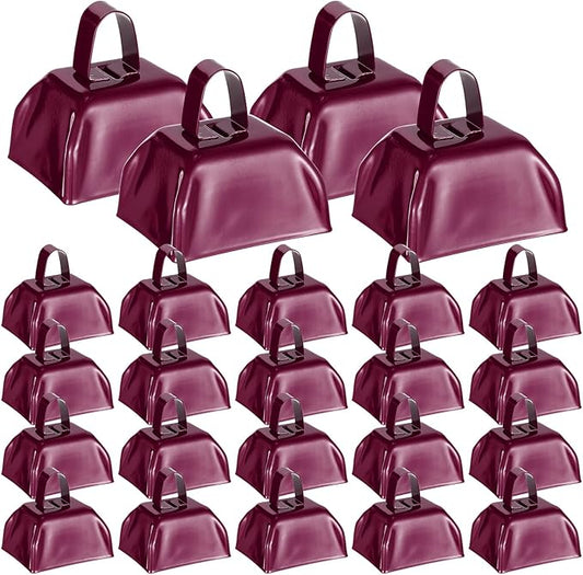 Yeshone 48 Pcs Metal Cowbells with Handles Loud Noise Makers Small Hand Percussion Cowbells for Football Events, Wedding, Graduation Team Cheering (Dark Red)