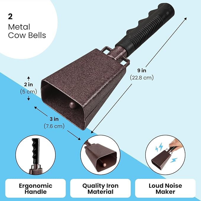 2 Pack 9-inch Copper Cowbells for Sporting Events, Percussion Noise Makers with Handle for Football Games, Sports Stadiums, Pep Rallies, Parties, Boxing Events, Cheerleading, Celebrations (Brown)