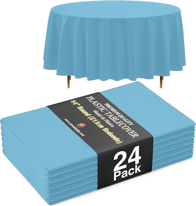 Exquisite 66% Thicker Premium Sky Blue Round Tablecloth 0.5 Mil 24 Pack Plastic Table Cloth Disposable 84 Inch Round Plastic Tablecloth Won't Tear Easily Like Cheap Thin Brands
