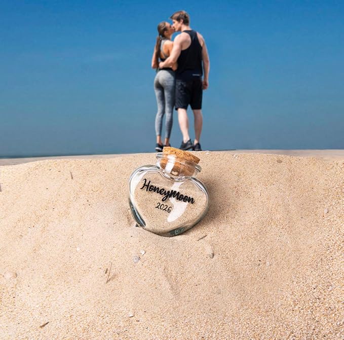 Honeymoon Sand Keepsake Jar 2026，Bridal Shower, Wedding, Engagement, Honeymoon, Travel Gift for Couples, Newlywed, Fiance(Gift Box Includes) - 40ml Heart Shape Glass