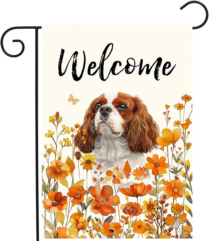 Cavalier King Charles Spaniel Fall Garden Flag Autumn Dog Yard Sign Orange Floral Thanksgiving Outdoor Banners for Outside 12x18 Double Sided Small