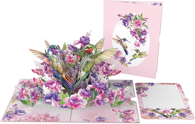 3D Pop-Up Hummingbird Greeting Card – Handmade Fuchsia Flower Card with Colorful Birds – Unique Blank Card for Birthday, Mother’s Day, Anniversary or Get Well – 6 inch x 8 inch
