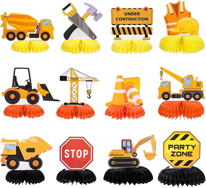 12 Pieces Construction Birthday Party Supplies Construction Table Centerpieces Construction Honeycomb Centerpieces Truck Table Toppers for Construction Theme Birthday Party Decorations
