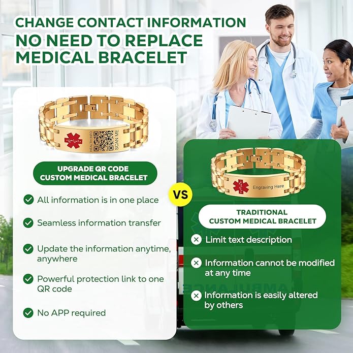 Upgraded Medical Bracelets Men Women with QR Code Medical Alert ID Bracelets - Titanium Steel Wristband Fits Wrists Up 8''-10'' - More Space Custom Emergency Med ID Info