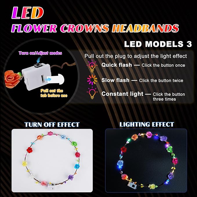 Valentines Day Gifts, 24 PCS LED New Year Flower Crowns Headbands, Light Up Flower Crowns for Women & Girls, Glow in The Dark Flower Hairbands Wreath for Wedding Beach Party Birthday Cosplay Gifts