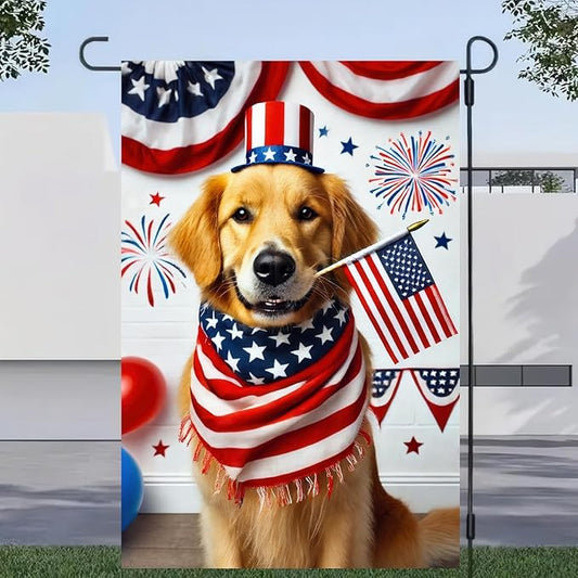 BlissYard Welcome 4th of July Golden Retriever Dog Patriotic Garden Flag America USA Pet Yard Outside Decoration American Flag Outdoor Small Home Decor Double Sided 12 x 18