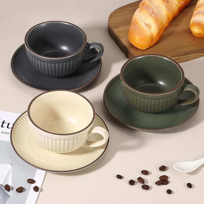 uxcell Handmade Vintage Espresso Cups, 9.5oz Stripe Coffee Cups and Saucers Ceramic Tea Cup with Handle Dishwasher and Microwave Safe for Latte Cappuccino Milk Office Home, Dark Green