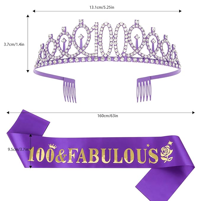 Casoty Purple 100th Birthday Sash and Tiara, Birthday Decorations for Women, Crown and Sash Set, Birthday Party Supplies for Women Gifts for Her