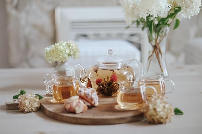 Teabloom Set of Two Premium Borosilicate Glass Tea Cups - 7 oz / 207 ml - Stain-free and Microwave Safe - Blossoms Collection