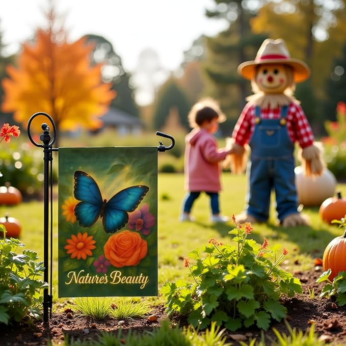 FLAGMEUP8386 Welcome Butterfly Garden Flag 12x18 Inch Double-Sided Polyester Yard Banner with Blue Morpho Autumn Flowers, Fall Flag for Thanksgiving Harvest Outdoor Decor, Porch, Lawn