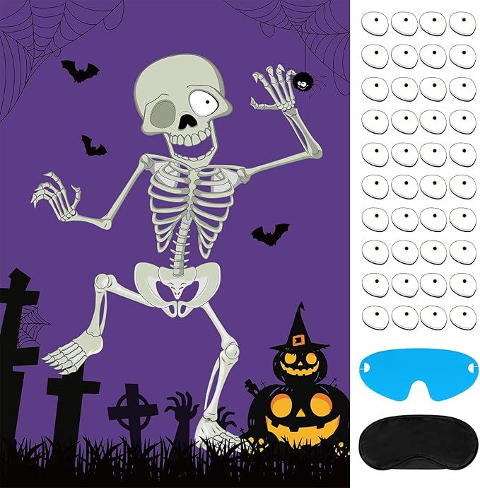 Hooqict Halloween Games for Kids Party Pin The Eyeball on The Mr.Bone Halloween Party Games Classroom Activities, Large Halloween Pin The Tail Game Poster with 40 Eyeball Stickers