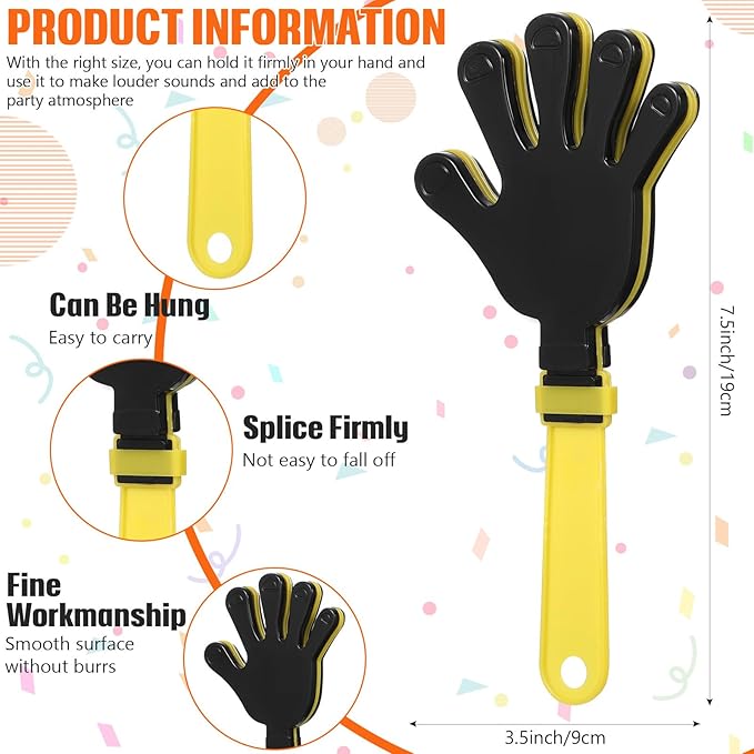 24 Pcs Hand Clappers 7.5 Inch Plastic Clappers Noisemakers Party Favors Clapping Noise Maker Birthdays Game Prizes Classroom Rewards Football Sporting Events Cheers Supplies (Yellow,Black)
