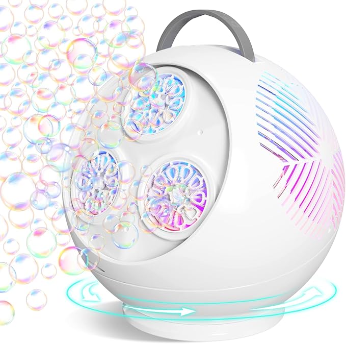 Bubble Machine for Kids Toddlers,45°/360° Auto Rotatable Spherical Bubble Maker Toy with LED Light,Rechargeable Bubble Blower for 3 4 5 Year Old,Wedding Party Easter Birthday Gifts (Spherical White)