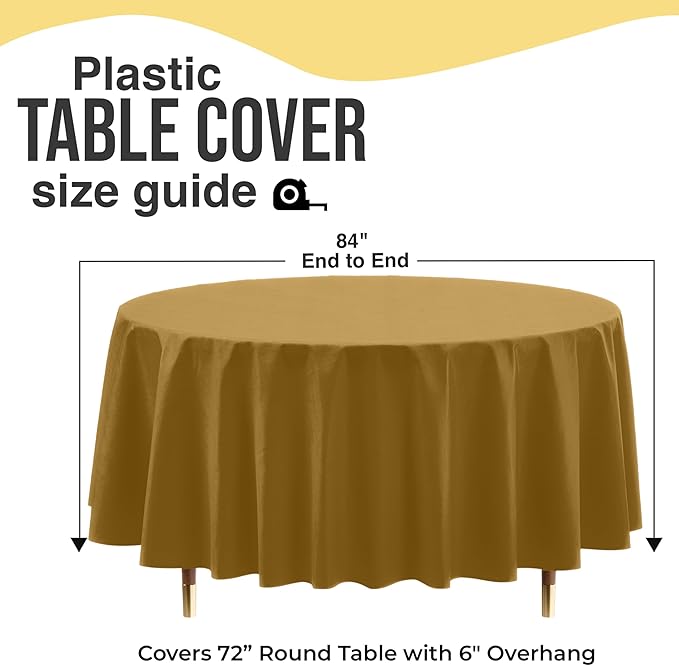 Exquisite 66% Thicker Premium Gold Round Tablecloth 0.5 Mil 12 Pack Plastic Table Cloth Disposable 84 Inch Round Plastic Tablecloth Won't Tear Easily Like Cheap Thin Brands