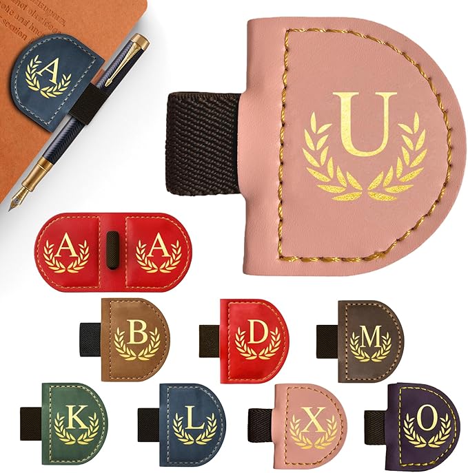 Personalized Leather Magnetic Bookmark with Pen Holder, Custom Bygone Mark Bookmark with Pen Holder, Custom Bookmarks with 26 Letters for Reading Women, Men, Teachers, Book Lovers（Pink，U）