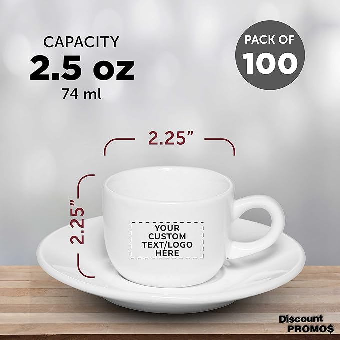 Custom Porcelain Espresso Cups with Saucer 2.5 oz. Set of 100, Personalized Bulk Pack - Perfect for Coffee, Tea, Espresso, Hot Cocoa, Other Beverages - White