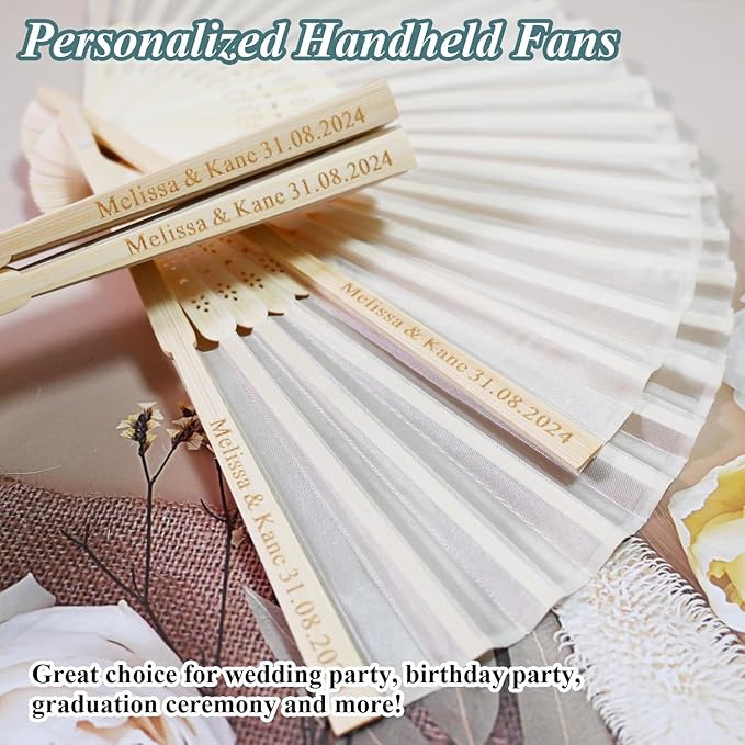 80 Set Personalized Cream Wedding Fans for Guests Bulk, Custom Engraved Summer Wedding Fans, Silk Hand Fans Handheld Folded Fan Baby Shower Favors for Bridal Bridesmaid Gift Church Dancing Party