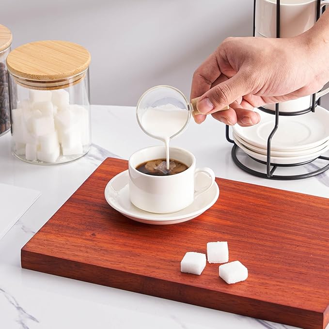 2.5oz Espresso Cups Set of 4, Porcelain Stackable Espresso Cups with Saucers and Metal Stand Set, White Expresso Shots Cup Set for Cappuccino, Coffee Drinks, Latte, Tea
