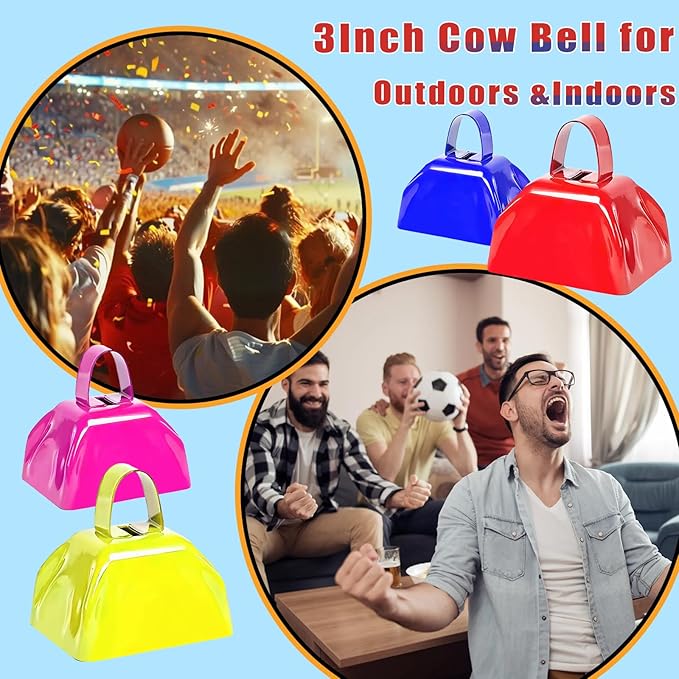 Cow Bells Noise Makers for Sporting Events, 4PCS Metal Cowbells with Handle - Small Loud Bell Bulk Hand Percussion Noisemakers for Football Games Graduation Sporting Events Weddings