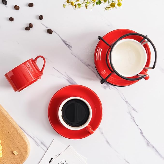 2.5oz Espresso Cups Set of 4, Porcelain Stackable Espresso Cups with Saucers and Metal Stand Set, Red Expresso Shots Cup Set for Cappuccino, Coffee Drinks, Latte, Tea