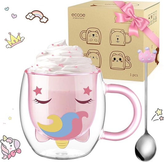 ecooe Cute Unicorn Mug Double Walled Glass Mug 9.4oz Coffee Cup Cappuccino Latte Glass Milk Tea Cup with Handle Spoon, Birthday Christmas Thanksgiving Day for Women Wife Mum Kids Friends Teachers