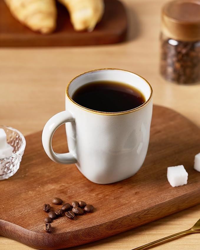famiware Coffee Mugs Set of 6, Ocean Square 13oz Coffee Cup Set with Handle for Cocoa, Milk, Hot Chocolate, Tea, Water, Stoneware Cups for Kitchen, Microwave and Dishwasher Safe, Cappuccino White