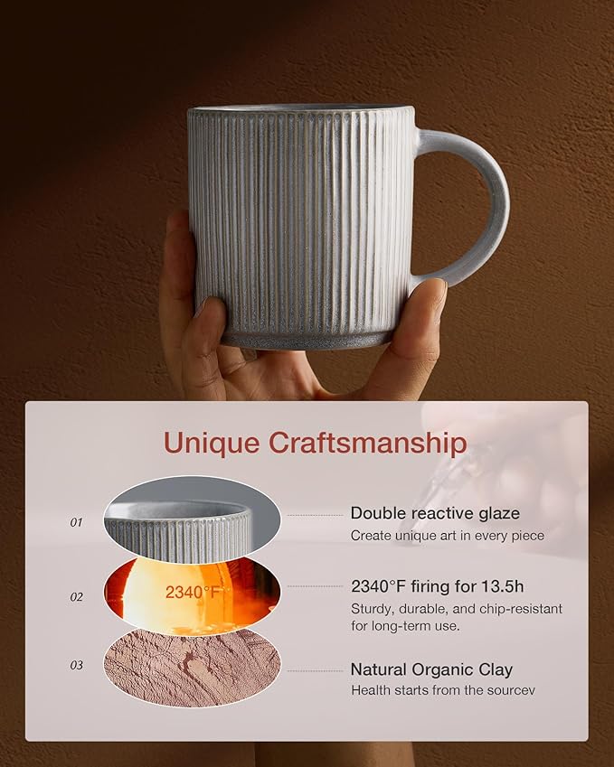 famiware Coffee Mug Set for 4, Star 12 oz Catering Mugs Cup Set with Handle for Coffee, Tea, Cocoa, Milk - Ceramic Stoneware Drinkware Set, Matte Grey