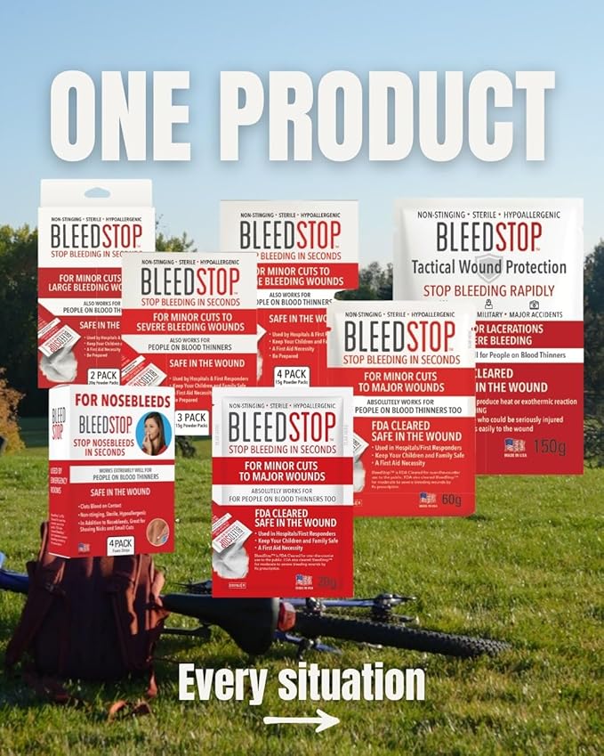 BleedStop™ First Aid Powder Strip for Blood Clotting, Trauma Kit, Blood Thinner Patients, Camping Safety, and Survival Equipment for Moderate to Severe Bleeding Wounds or Nosebleeds - 18g (Pack of 4)
