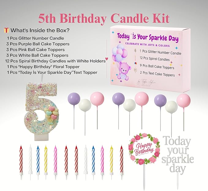 by Tugba Aydan - 5 Number Birthday Candles – 24 Piece Cake Decoration Kit with Number Candle – Party Supplies for Kids Birthday Celebration