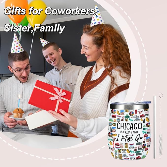 Chicago Gifts Travel Souvenir Wine Tumbler 12 oz Insulated Wine Glass Cup with Lid Straw Vacuum Insulated Cup,Travel Lover Gifts for Women Men Friend Bestie Birthday Christmas Halloween